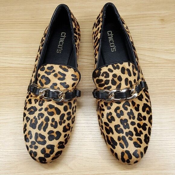 CHICOS Shoes Womens Size 8.5 Leopard Calf Hair Leather Chain Link Flat Loafer - Picture 2 of 6